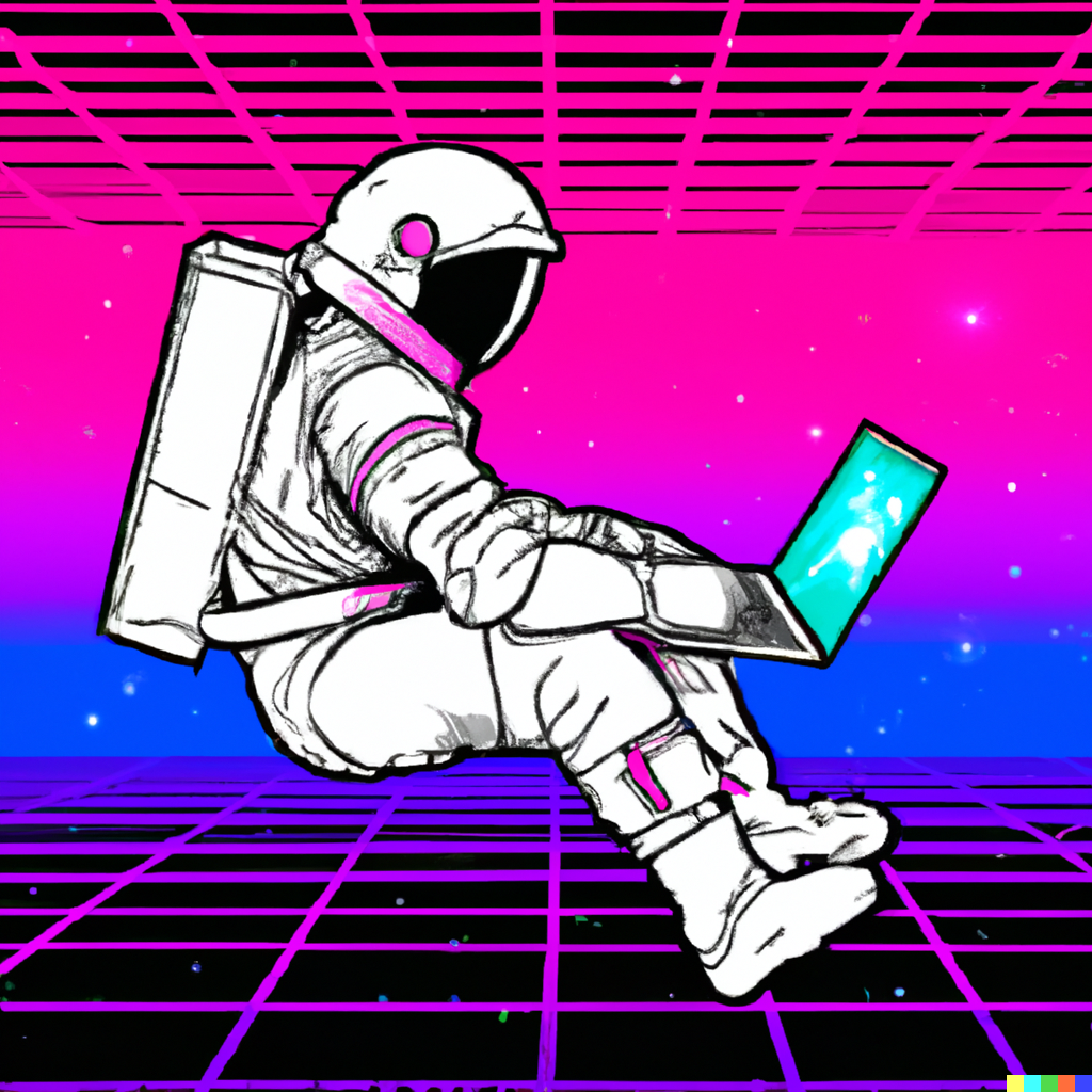 An astronaut programming on a laptop in space in a waporwave style. Image by DALLΒ·E